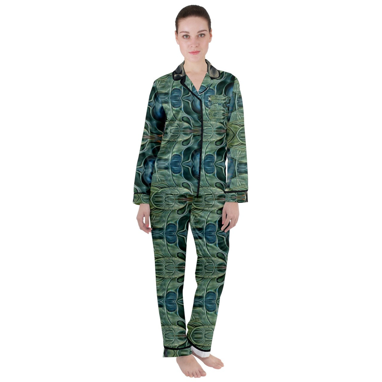 Enabled Flower Satin Long Sleeve Pajamas Set